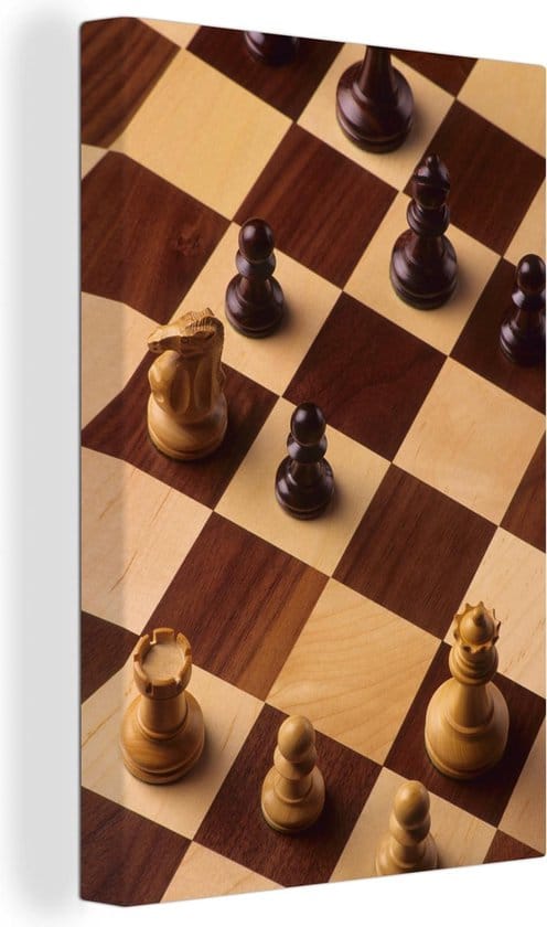 Het schaakbord gedurende een potje schaken canvas 80x120 cm - Foto print op Canvas schilderij (Wanddecoratie woonkamer/slaapkamer)