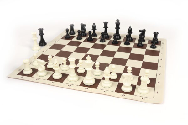 Toernooi schaakset met vinyl bord bruinwit oprolbaar + plastic stukken
