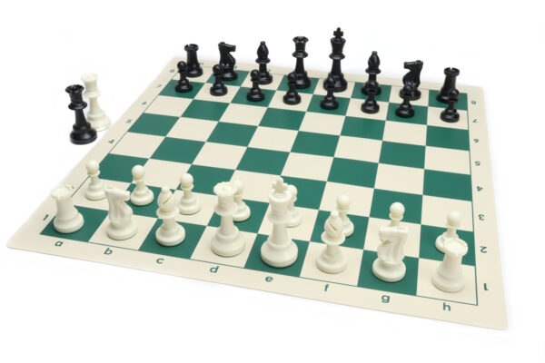 Toernooi schaakset met vinyl bord groe nwit oprolbaar + verzwaarde plastic stukken