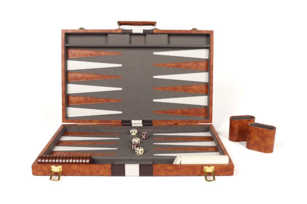 Backgammon koffer kunstleer grijs bruin wit (46x28 cm)