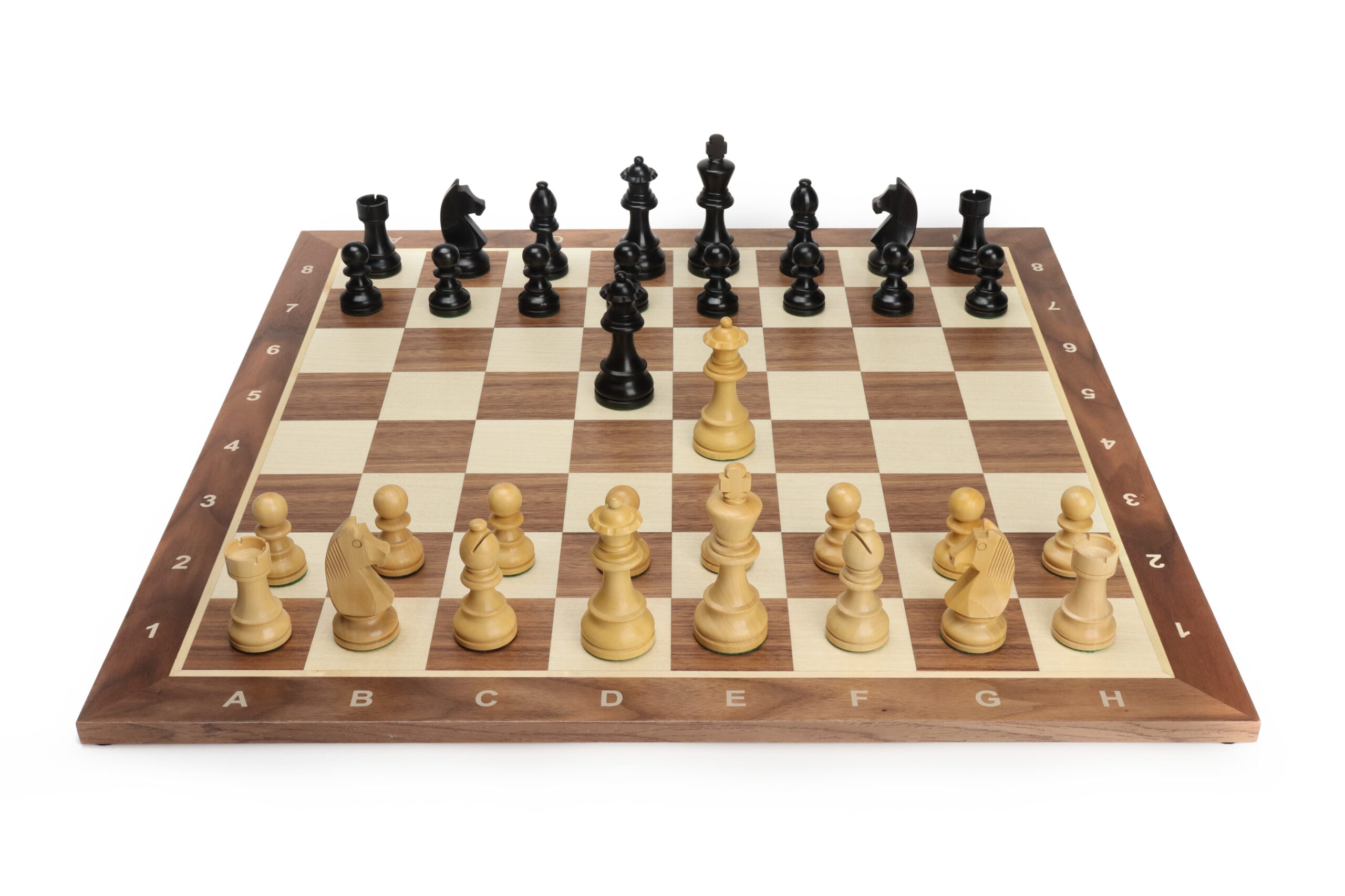 Schaakset German Knight Ebonized met Schaakbord Walnoot met coördinaten – Maat 5